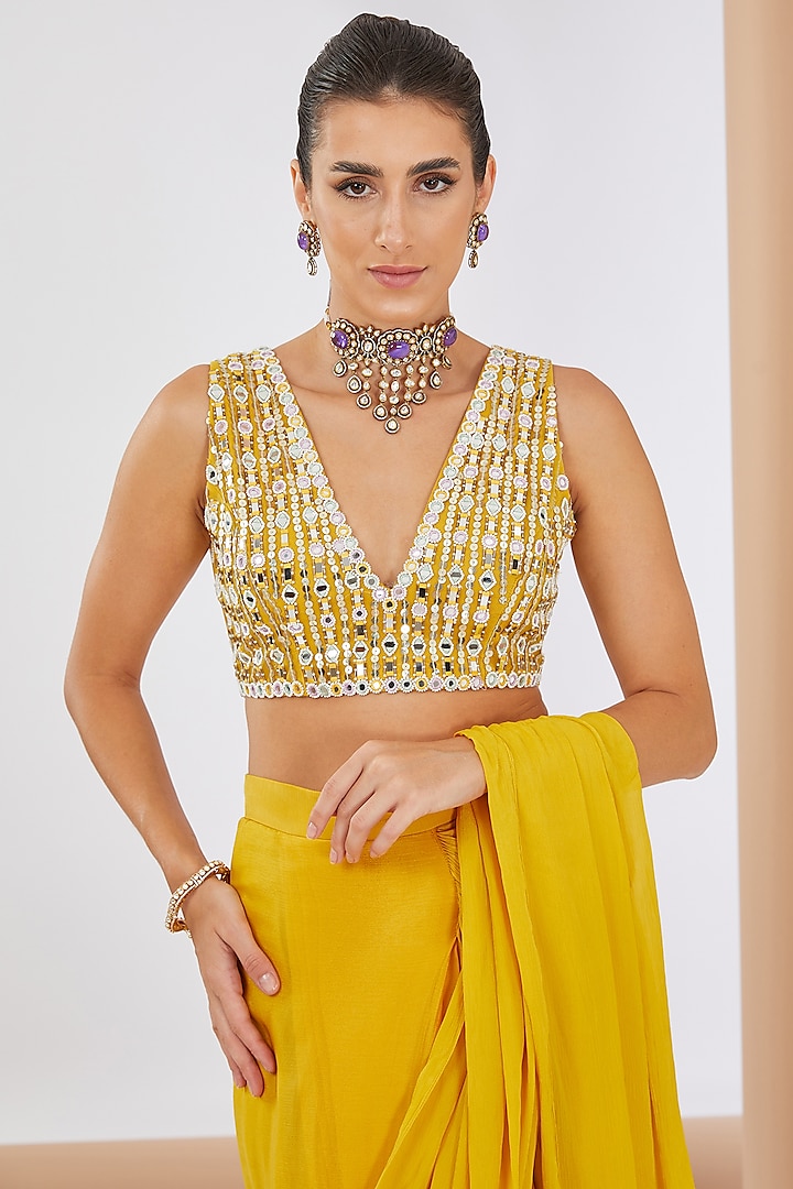 Yellow Chiffon Pre-Draped Wedding Saree Set by Neha Khullar at Pernia's Pop Up Shop