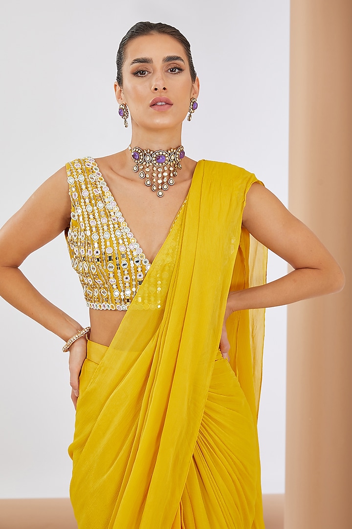 Yellow Chiffon Pre-Draped Wedding Saree Set by Neha Khullar at Pernia's Pop Up Shop