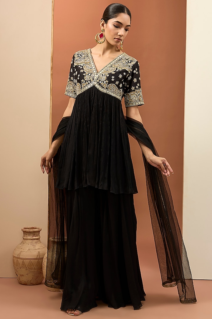 Black Viscose Chiffon Hand Embroidered Anarkali Set by Neha khullar at Pernia's Pop Up Shop