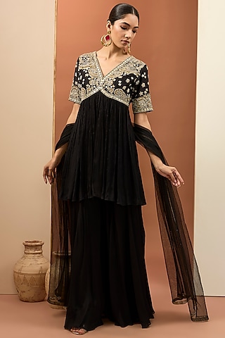 Black Viscose Chiffon Hand Embroidered Anarkali Set by Neha khullar