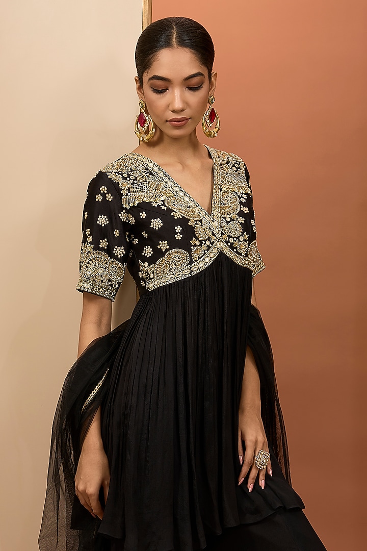 Black Viscose Chiffon Hand Embroidered Wedding Anarkali Set by Neha khullar at Pernia's Pop Up Shop