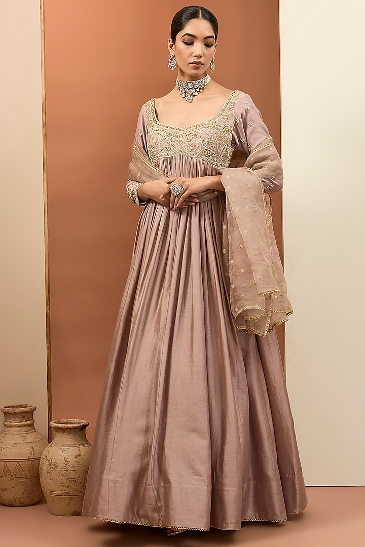 Pink Chanderi Silk Hand Embroidered Anarkali Set by Neha khullar at Pernia's Pop Up Shop