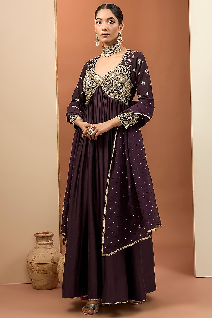 Purple Chanderi Silk Hand Embroidered Anarkali Set by Neha khullar at Pernia's Pop Up Shop