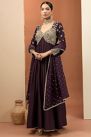 Purple Chanderi Silk Hand Embroidered Anarkali Set by Neha khullar