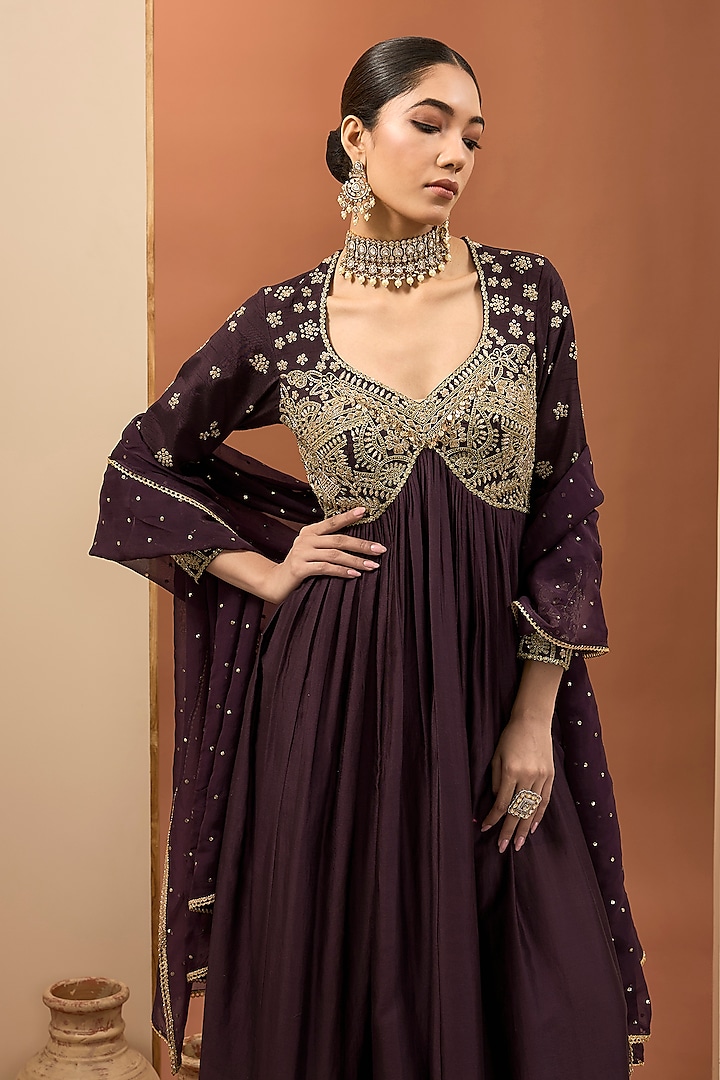 Purple Chanderi Silk Hand Embroidered Wedding Anarkali Set by Neha khullar at Pernia's Pop Up Shop