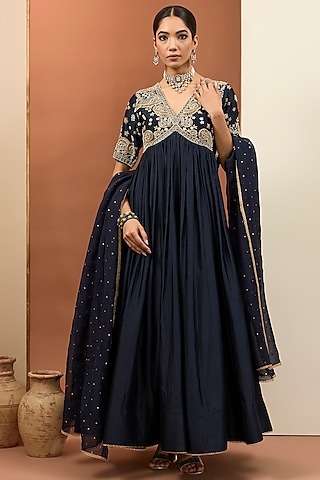 Blue Chanderi Silk Hand Embroidered Anarkali Set by Neha khullar