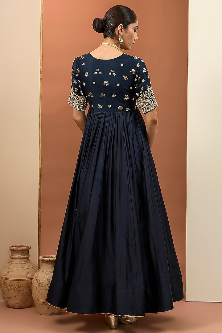 Blue Chanderi Silk Hand Embroidered Wedding Anarkali Set by Neha khullar at Pernia's Pop Up Shop