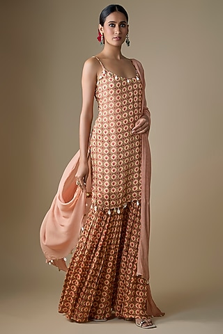 Almond Beige Viscose Chiffon Geometric Printed Sharara Set by Neha khullar