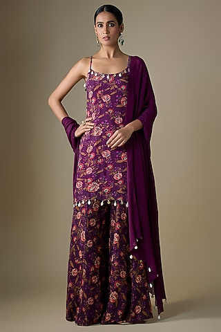 Purple Viscose Chiffon Geometric Printed Sharara Set by Neha khullar