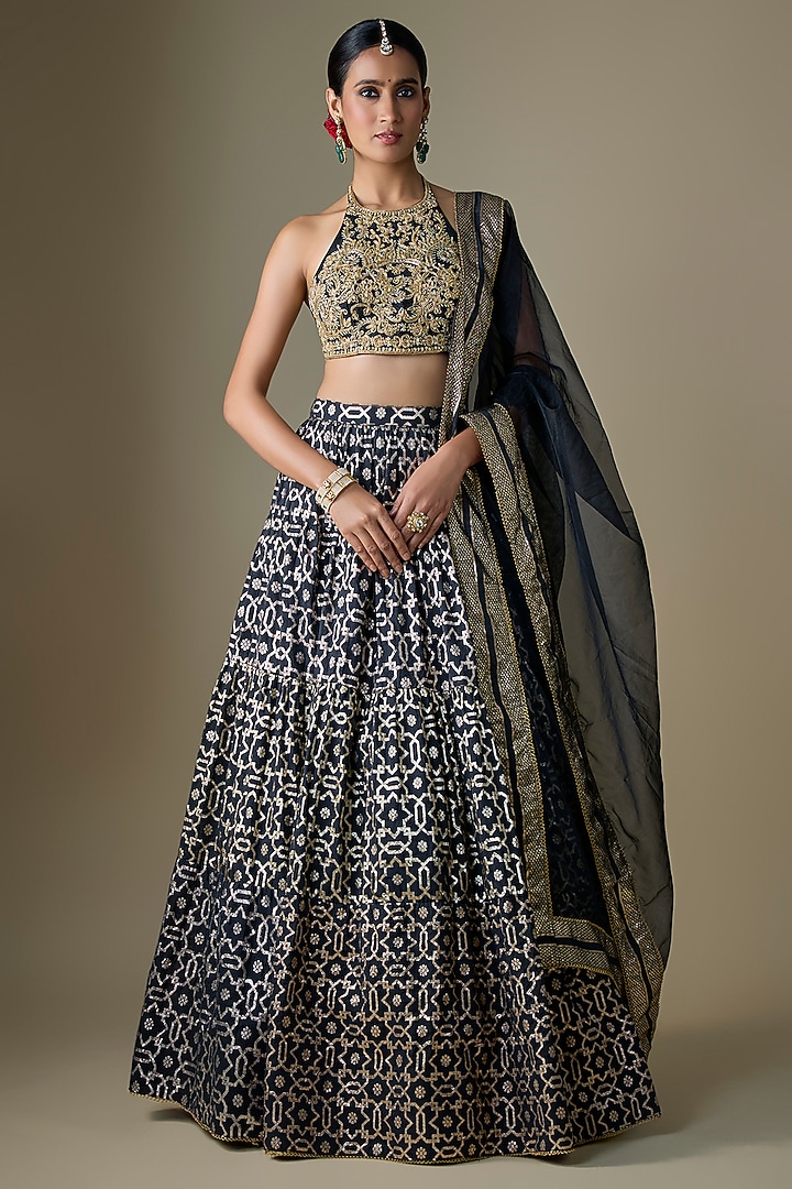 Black Banarasi Chanderi Geometric Printed Wedding Lehenga Set by Neha khullar at Pernia's Pop Up Shop