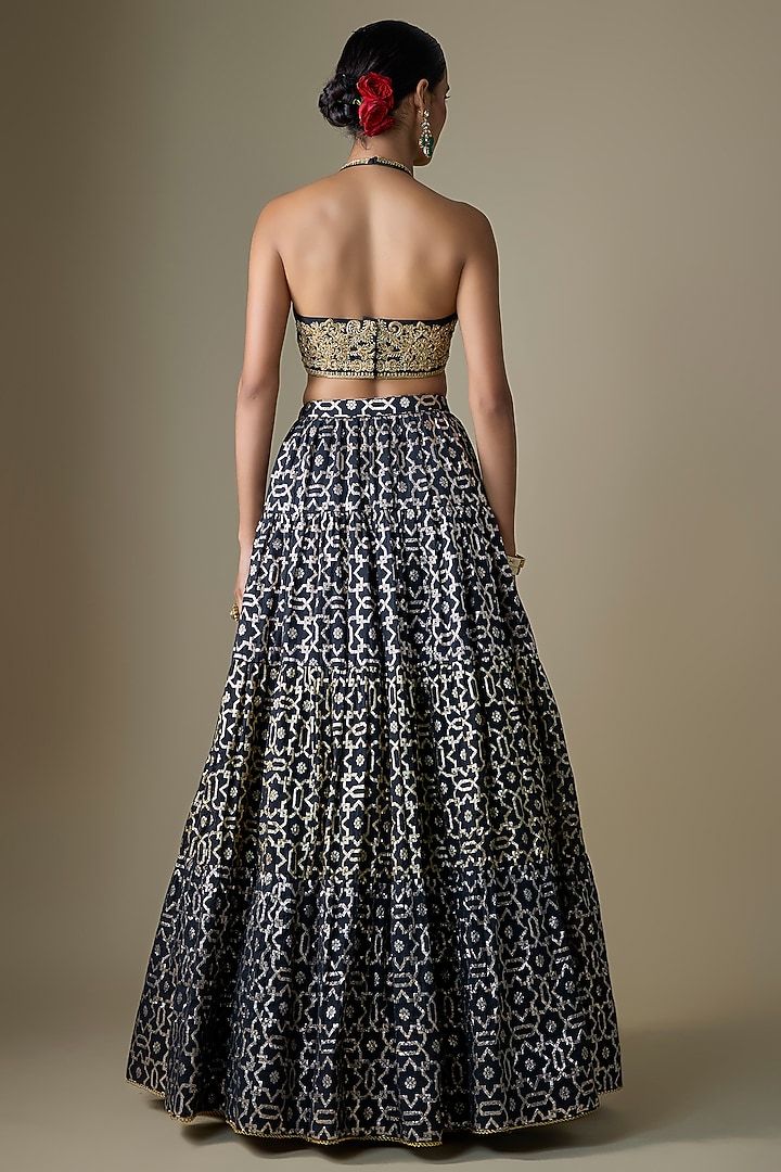 Black Banarasi Chanderi Geometric Printed Wedding Lehenga Set by Neha khullar at Pernia's Pop Up Shop