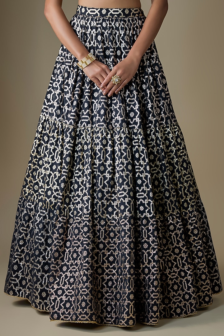 Black Banarasi Chanderi Geometric Printed Wedding Lehenga Set by Neha khullar at Pernia's Pop Up Shop