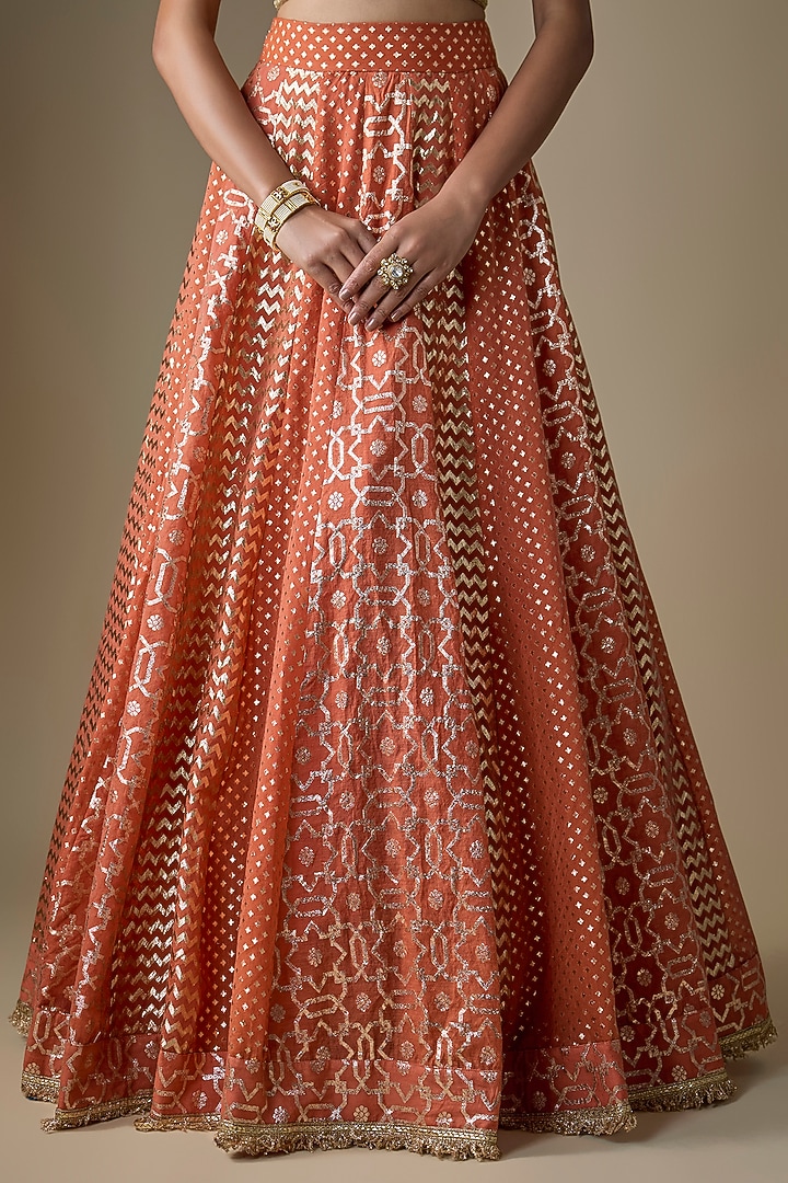 Rust Banarasi Chanderi Embroidered Wedding Lehenga Set by Neha khullar at Pernia's Pop Up Shop