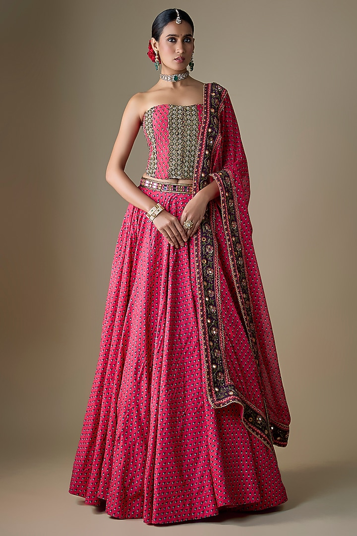 Fuchsia Viscose Raw Silk Zari Embroidered Wedding Lehenga Set by Neha khullar at Pernia's Pop Up Shop