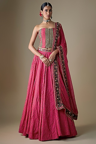 Fuchsia Viscose Raw Silk Zari Embroidered Lehenga Set by Neha khullar