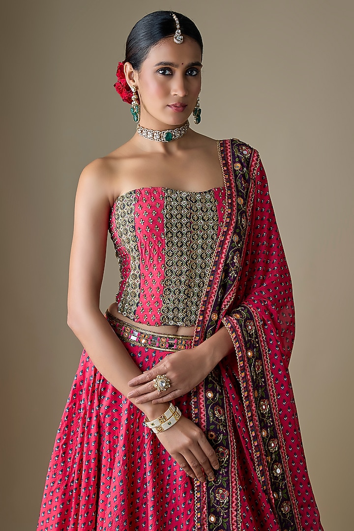 Fuchsia Viscose Raw Silk Zari Embroidered Wedding Lehenga Set by Neha khullar at Pernia's Pop Up Shop