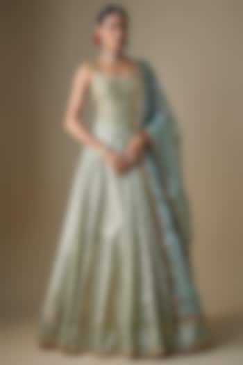 Sea Green Banarasi Chanderi Embroidered Wedding Lehenga Set by Neha khullar at Pernia's Pop Up Shop