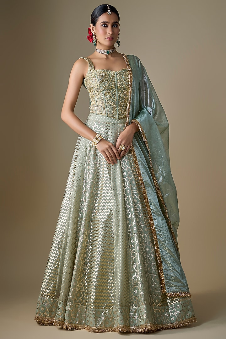 Sea Green Banarasi Chanderi Embroidered Wedding Lehenga Set by Neha khullar at Pernia's Pop Up Shop