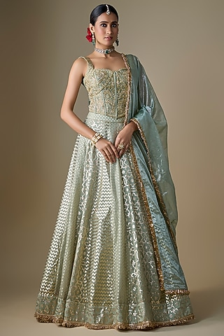 Sea Green Banarasi Chanderi Embroidered Lehenga Set by Neha khullar