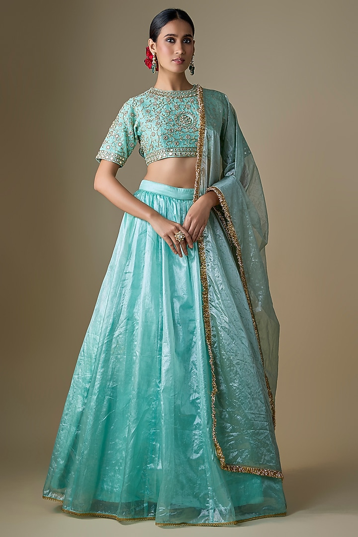 Blue Tissue Dori Embroidered Wedding Lehenga Set by Neha khullar at Pernia's Pop Up Shop