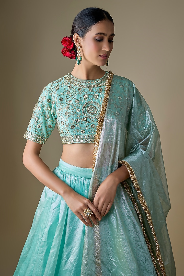 Blue Tissue Dori Embroidered Wedding Lehenga Set by Neha khullar at Pernia's Pop Up Shop
