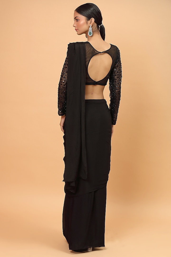 Black Embroidered Pre-Draped Wedding Saree Set by Neha Khullar at Pernia's Pop Up Shop