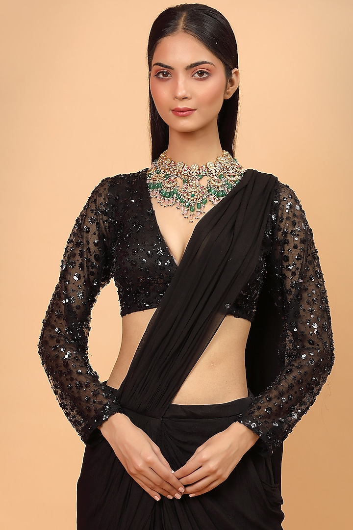 Black Embroidered Pre-Draped Wedding Saree Set by Neha Khullar at Pernia's Pop Up Shop