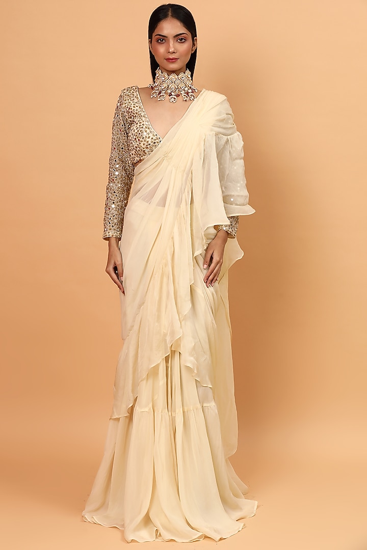 Ivory Embroidered Pre-Draped Saree Set by Neha Khullar