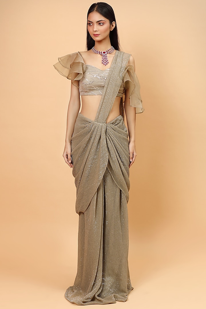 Mint Green Embroidered Pre-Draped Saree Set by Neha Khullar