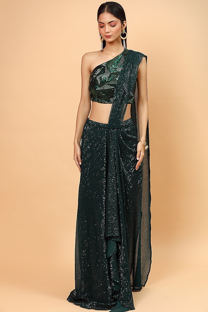 Bottle Green Sequins Net Embroidered Pre-Draped Saree Set by Neha Khullar