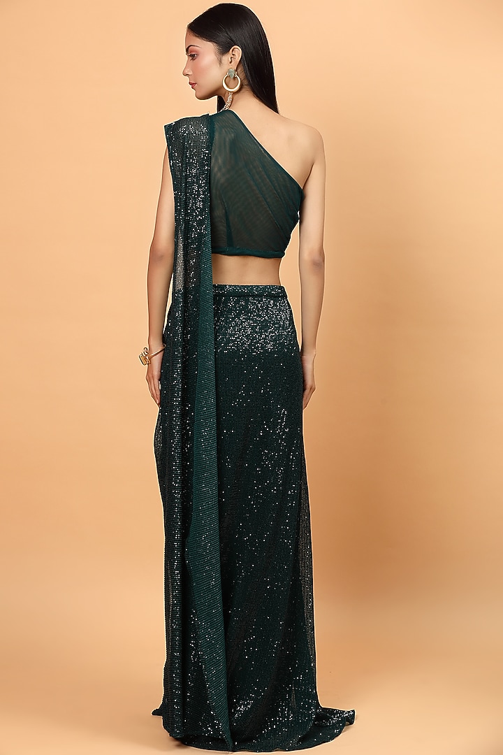 Bottle Green Sequins Net Embroidered Pre-Draped Wedding Saree Set by Neha Khullar at Pernia's Pop Up Shop