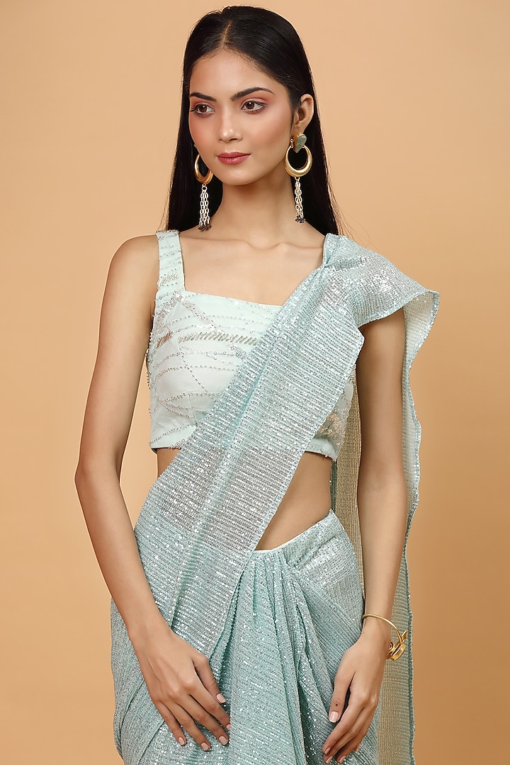 Ice Blue Sequins Embroidered Pre-Draped Wedding Saree Set by Neha Khullar at Pernia's Pop Up Shop