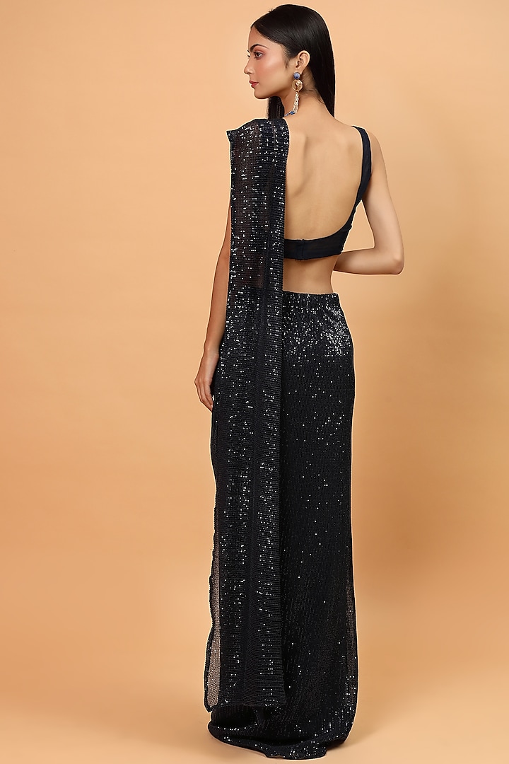 Navy Blue Embroidered Pre-Draped Wedding Saree Set by Neha Khullar at Pernia's Pop Up Shop