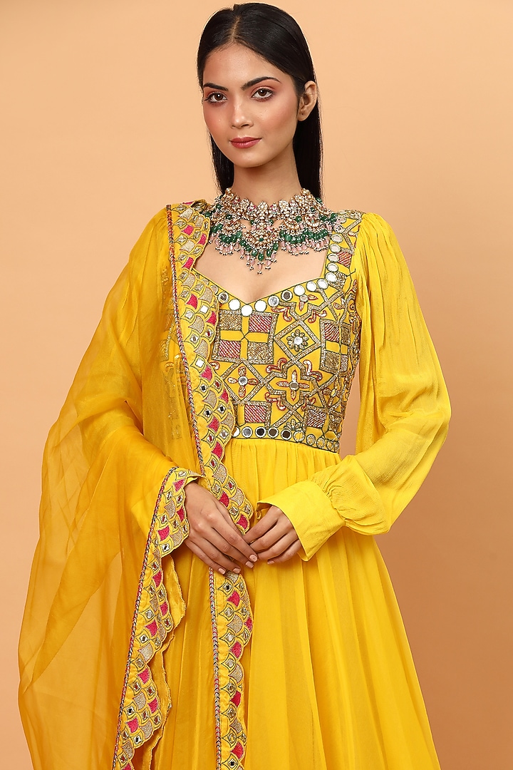 Yellow Embroidered Wedding Anarkali Set by Neha Khullar at Pernia's Pop Up Shop