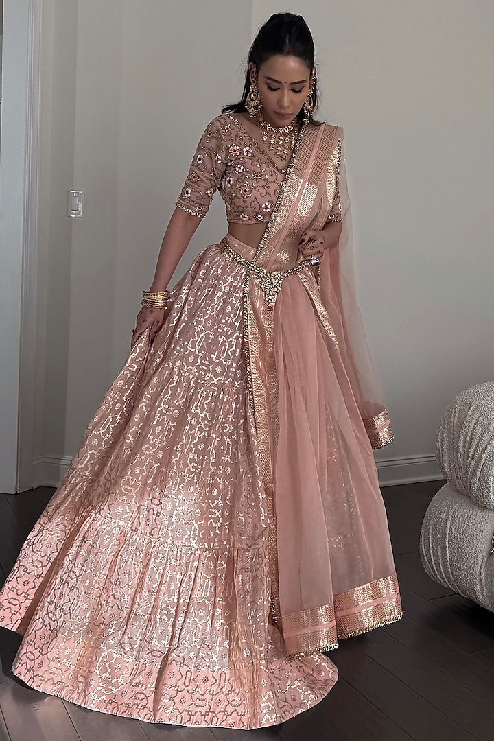 Peach Chanderi Banarasi Hand Embroidered Wedding Lehenga Set by Neha khullar at Pernia's Pop Up Shop