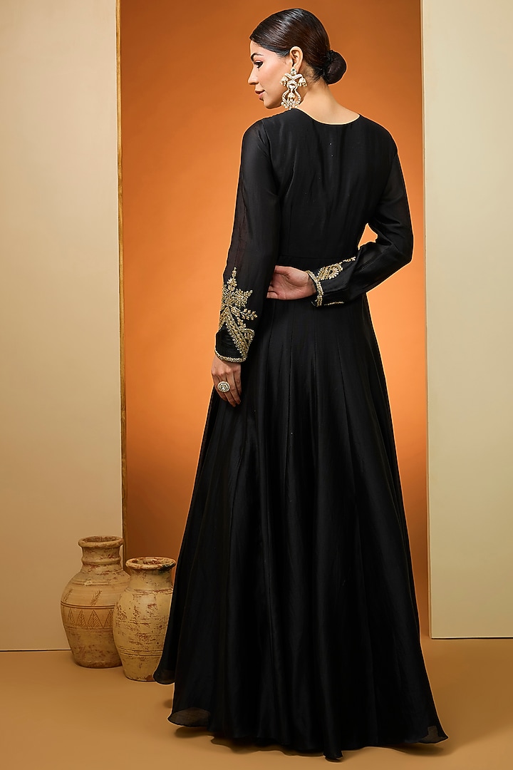 Black Silk Chanderi Hand Embroidered Kalidar Wedding Anarkali Set by Neha Khullar at Pernia's Pop Up Shop