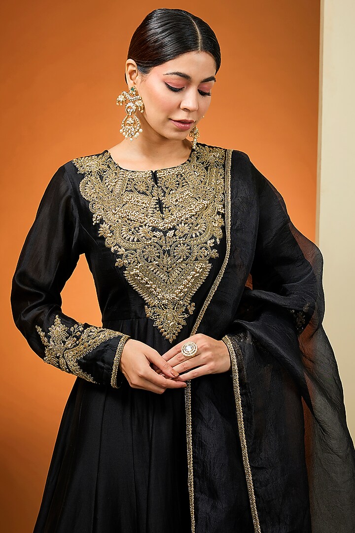 Black Silk Chanderi Hand Embroidered Kalidar Wedding Anarkali Set by Neha Khullar at Pernia's Pop Up Shop