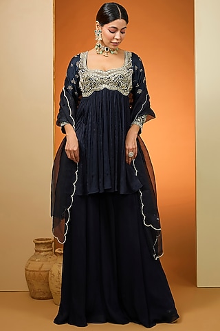 Blue Viscose Chinon Sharara Set by Neha Khullar