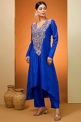 Blue Pure Silk Hand Embroidered Kurta Set by Neha Khullar