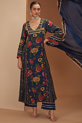 Blue Viscose Chinon & Mul Digital Printed Kurta Set by Neha khullar