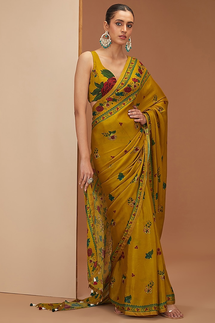 Yellow Viscose Chinon & Mul Digital Printed Saree Set by Neha khullar