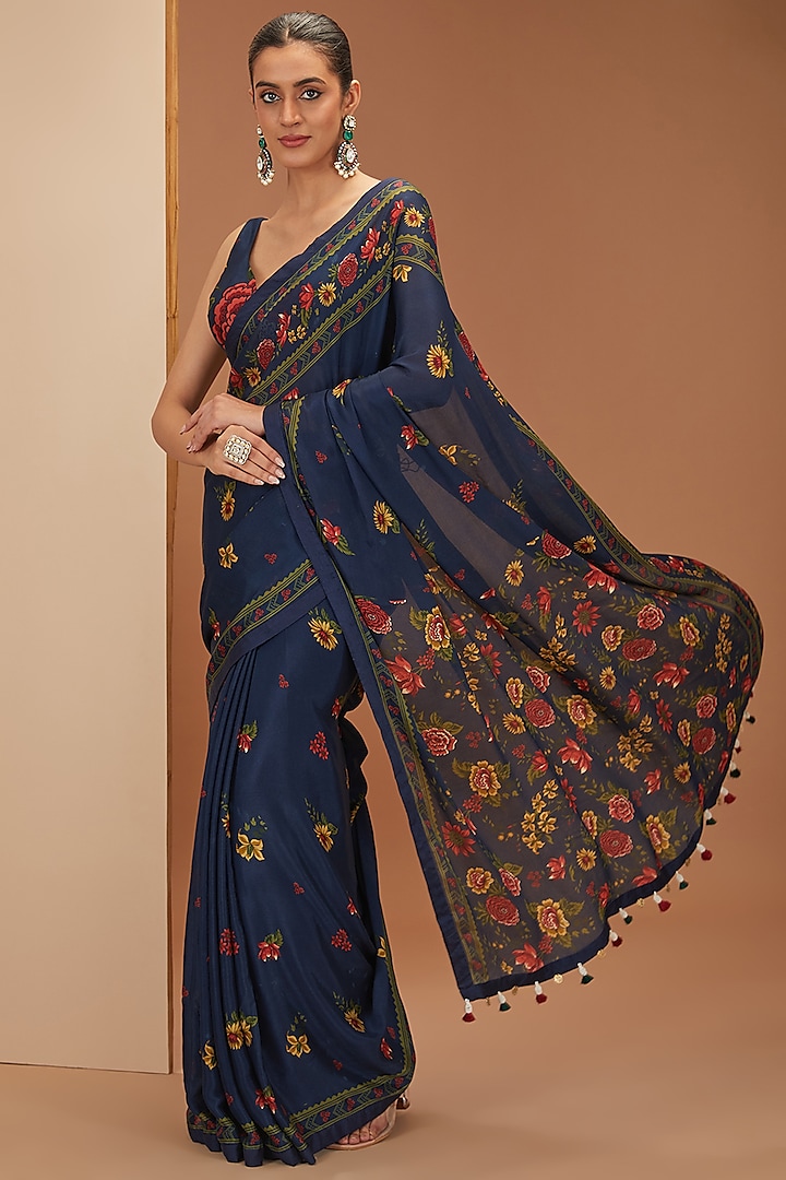 Blue Viscose Chinon & Mul Digital Printed Festive Saree Set by Neha khullar at Pernia's Pop Up Shop