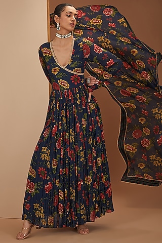 Blue Viscose Chinon & Mul Digital Printed Anarkali Set by Neha khullar