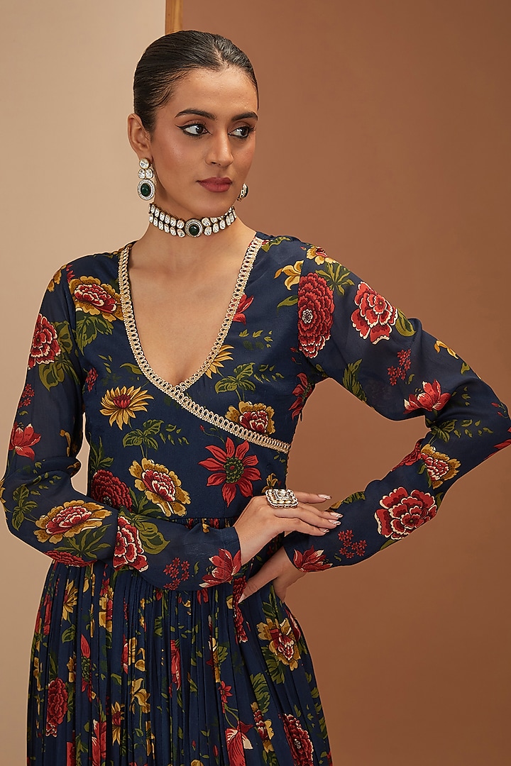 Blue Viscose Chinon & Mul Digital Printed Party Wear Anarkali Set by Neha khullar at Pernia's Pop Up Shop