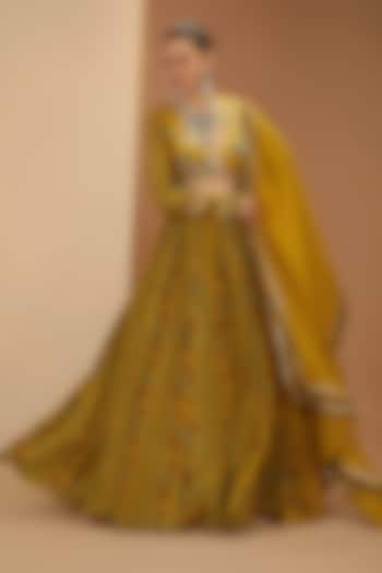 Mustard Viscose Chinon & Mul Digital Printed Lehenga Set by Neha khullar at Pernia's Pop Up Shop