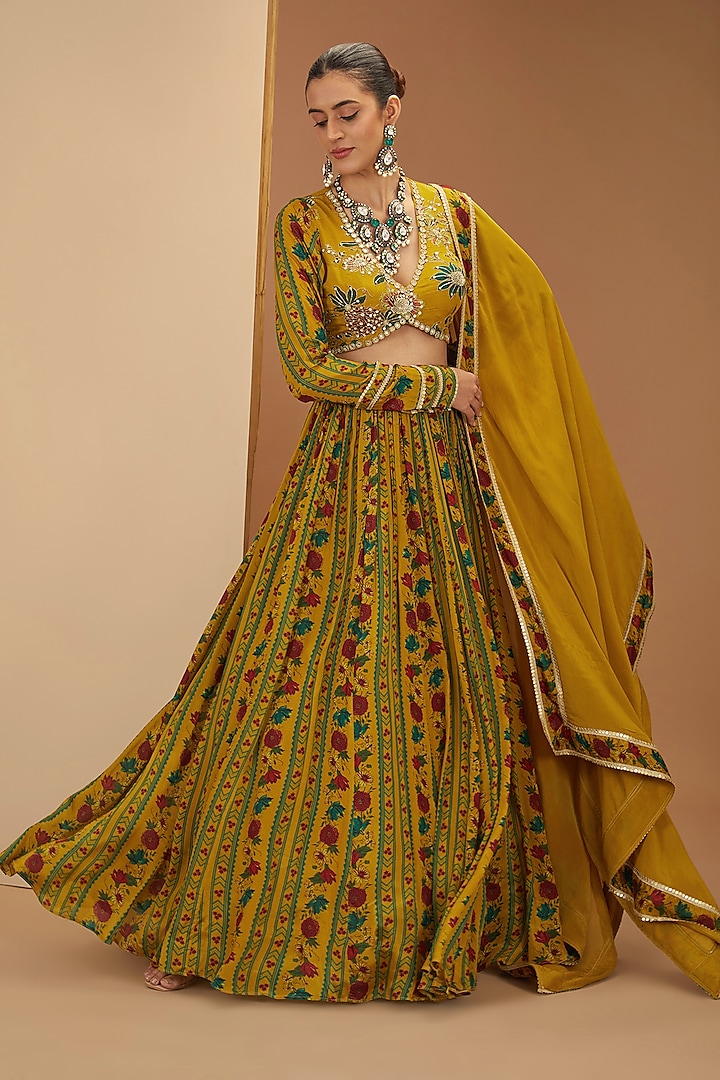 Mustard Viscose Chinon & Mul Digital Printed Lehenga Set by Neha khullar at Pernia's Pop Up Shop