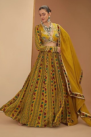 Mustard Viscose Chinon & Mul Digital Printed Lehenga Set by Neha khullar