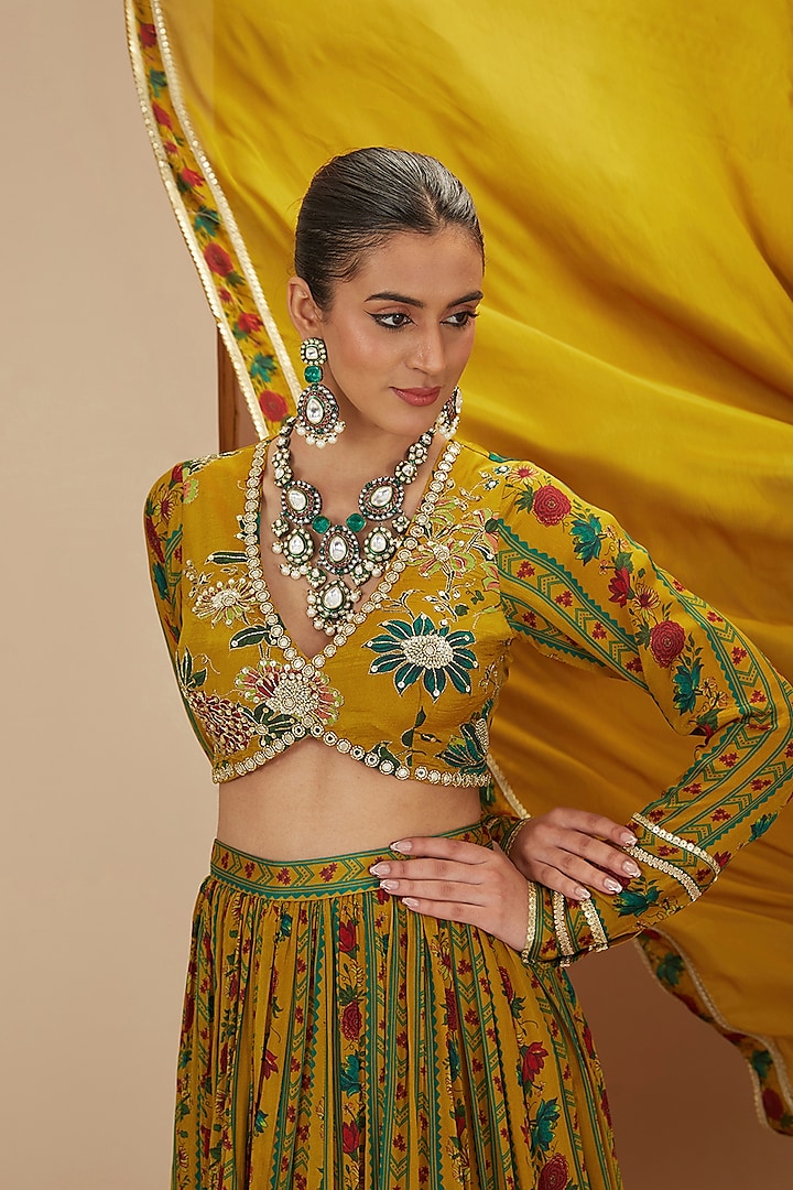Mustard Viscose Chinon & Mul Digital Printed Wedding Lehenga Set by Neha khullar at Pernia's Pop Up Shop
