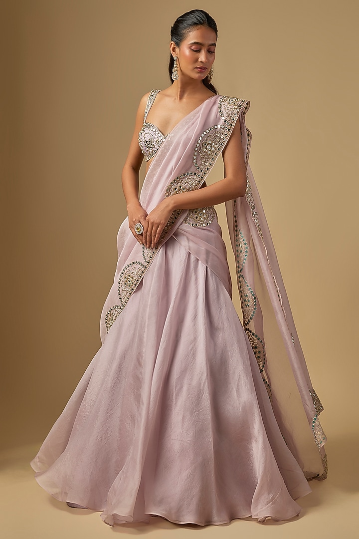 Lilac Pure Silk Organza Mirror Hand Embroidered Wedding Lehenga Set by Neha Khullar at Pernia's Pop Up Shop