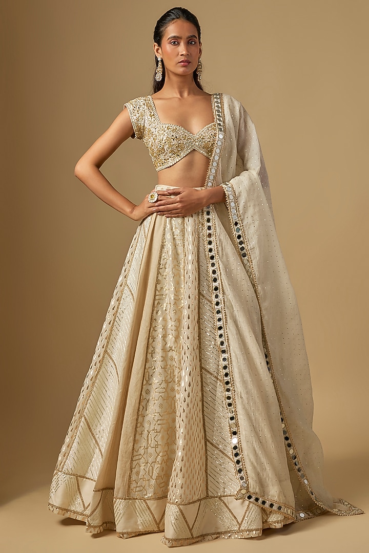 Ivory Silk Banarasi Chanderi Hand Embroidered Wedding Lehenga Set by Neha Khullar at Pernia's Pop Up Shop